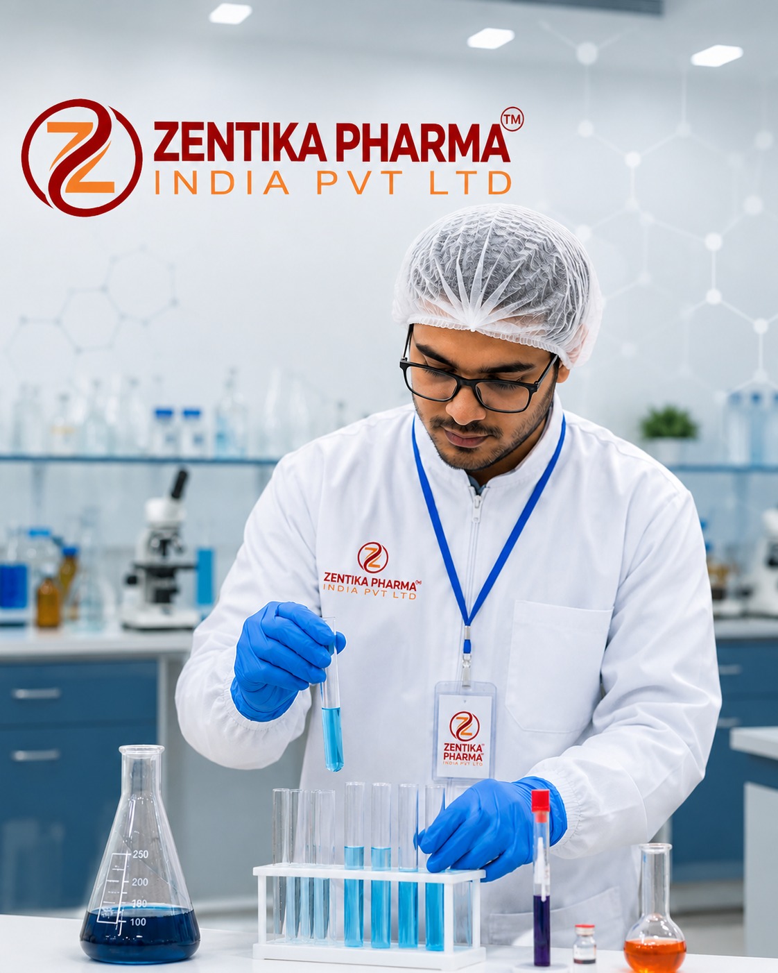 Zentika Pharma India Pvt Ltd laboratory chemist in cleanroom PPE testing a pharmaceutical intermediate in blue-tinted test tubes
